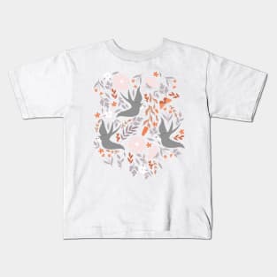 Swallows, meadow flowers and wild butterflies in the night, boho print Kids T-Shirt